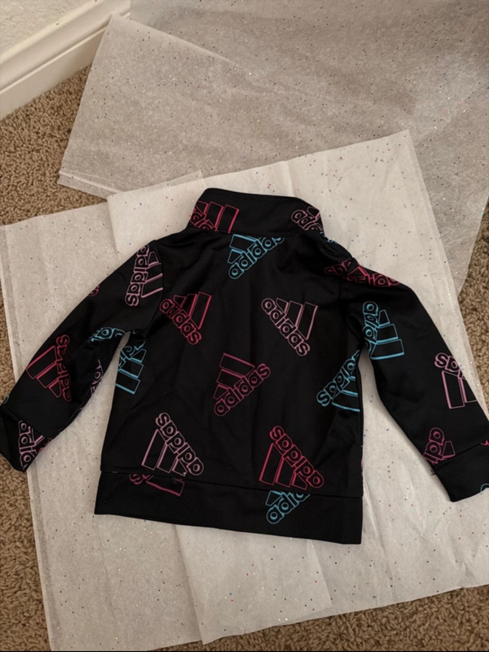 adidas Kids Black Puffer Jacket with Pink & Blue Logo Print